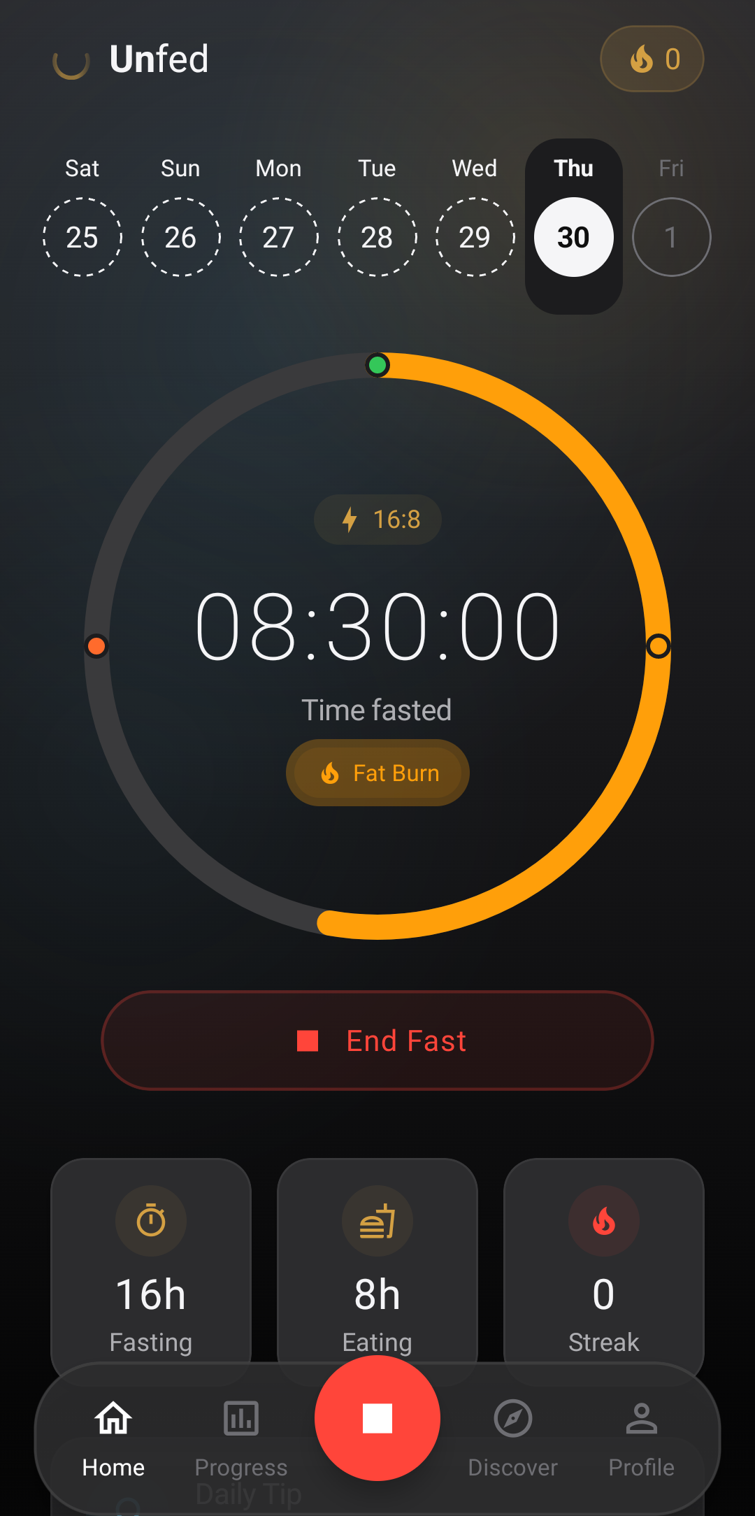 Home screen with fasting timer