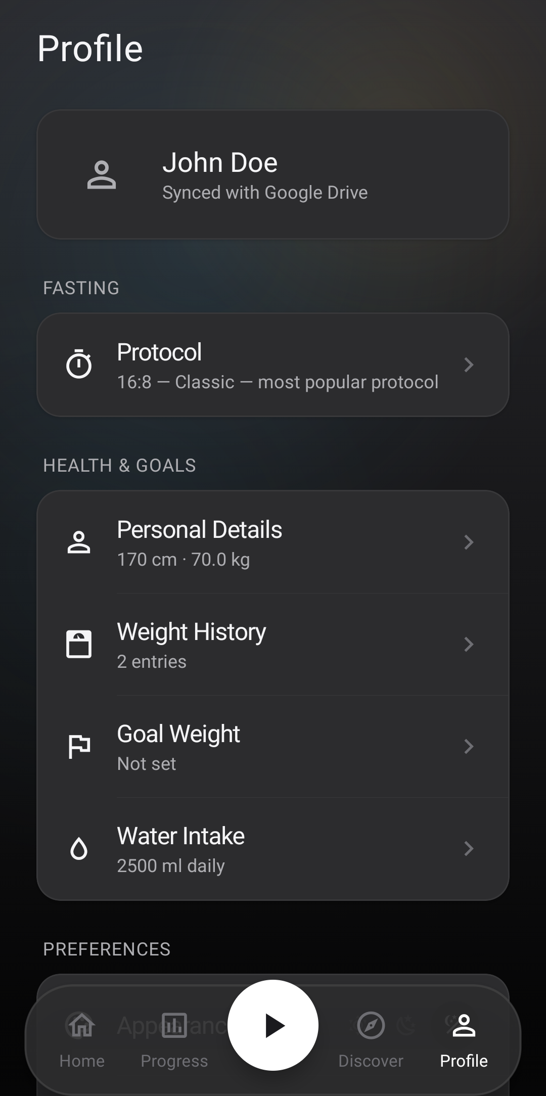 Profile and settings